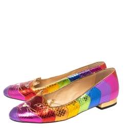 Pre Owned حذاء باليرينا فلات شارلوت اوليمبيا مطرز وجه كيتي جلد مطبوع ثعبان متعدد الألوان ميتالك مقاس 37.5