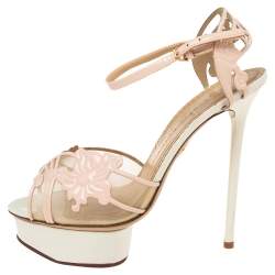مملوكة مسبقًا Charlotte Olympia Pink/White Patent Leather and Mesh Peep Toe Platform Sandals Size 38