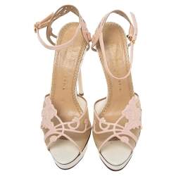 مملوكة مسبقًا Charlotte Olympia Pink/White Patent Leather and Mesh Peep Toe Platform Sandals Size 38