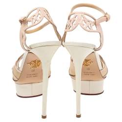مملوكة مسبقًا Charlotte Olympia Pink/White Patent Leather and Mesh Peep Toe Platform Sandals Size 38