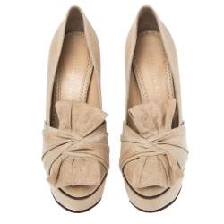 Pre Owned حذاء كعب عالي شارلوت أوليمبيا كعب عريض نعل سميك مزخرف فيونكة قماش بيج مقاس 37.5