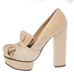 Pre Owned حذاء كعب عالي شارلوت أوليمبيا كعب عريض نعل سميك مزخرف فيونكة قماش بيج مقاس 37.5