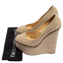 Pre Owned Charlotte Olympia Dark Beige Canvas Carmen Wedge Pumps Size 38