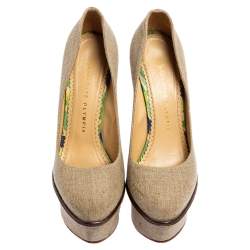 Pre Owned Charlotte Olympia Dark Beige Canvas Carmen Wedge Pumps Size 38