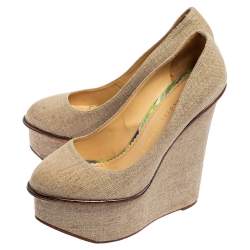 Pre Owned Charlotte Olympia Dark Beige Canvas Carmen Wedge Pumps Size 38