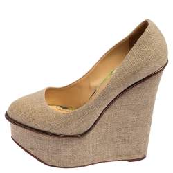 Pre Owned Charlotte Olympia Dark Beige Canvas Carmen Wedge Pumps Size 38