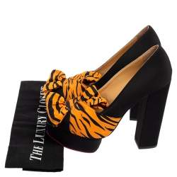 Charlotte Olympia Black/Orange Zebra Print Satin Dolly Bow Pumps Size 37.5