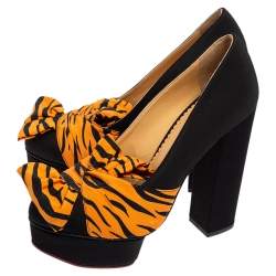Charlotte Olympia Black/Orange Zebra Print Satin Dolly Bow Pumps Size 37.5