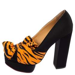 Charlotte Olympia Black/Orange Zebra Print Satin Dolly Bow Pumps Size 37.5