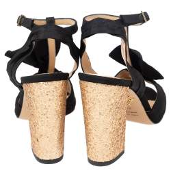 Pre Owned صندل شارلوت اوليمبيا قماش أسود مزين فيونكة سير كاحل حرف تي مقاس 37.5