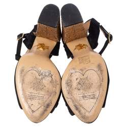 Pre Owned صندل شارلوت اوليمبيا قماش أسود مزين فيونكة سير كاحل حرف تي مقاس 37.5