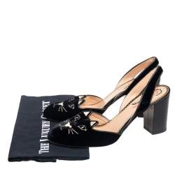 Pre Owned Charlotte Olympia Black Velvet and Patent Leather Trim Cat Embroidered Slingback Sandals Size 41