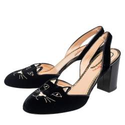 Pre Owned Charlotte Olympia Black Velvet and Patent Leather Trim Cat Embroidered Slingback Sandals Size 41
