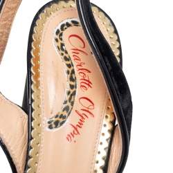 Pre Owned Charlotte Olympia Black Velvet and Patent Leather Trim Cat Embroidered Slingback Sandals Size 41