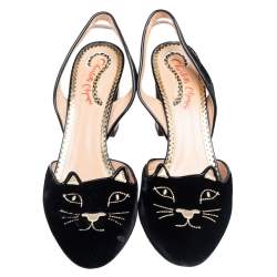 Pre Owned Charlotte Olympia Black Velvet and Patent Leather Trim Cat Embroidered Slingback Sandals Size 41