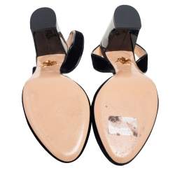 Pre Owned Charlotte Olympia Black Velvet and Patent Leather Trim Cat Embroidered Slingback Sandals Size 41