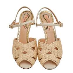 Pre Owned Charlotte Olympia Beige Jute And Leather Slingback Sandals Size 38