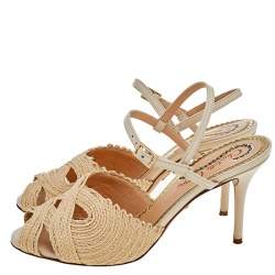 Pre Owned Charlotte Olympia Beige Jute And Leather Slingback Sandals Size 38