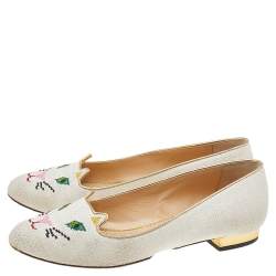 مملوكة مسبقًا حذاء باليرينا فلات شارلوت أوليمبيا ايموتيكات شيكي كيتي كانفاس مطرز أبيض مقاس 39