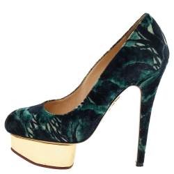 Charlotte Olympia Green Printed Velvet Dolly Platform Pumps Size 36