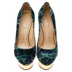 Charlotte Olympia Green Printed Velvet Dolly Platform Pumps Size 36