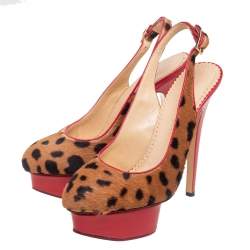 Charlotte Olympia Red/Brown Leopard Calfhair and Leather Dolly Slingback Pumps Size 37.5