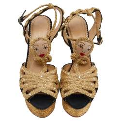 Pre Owned صندل شارلوت أوليمبيا سير كاحل سويدي أسود/ ذهبي مقاس 38