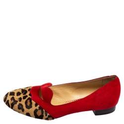 Charlotte Olympia Red/Brown Leopard Print Calfhair and Suede Bisoux Lip Ballet Flats Size 41