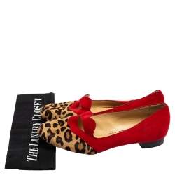 Charlotte Olympia Red/Brown Leopard Print Calfhair and Suede Bisoux Lip Ballet Flats Size 41