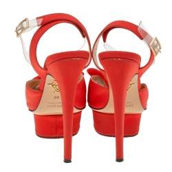 Pre Owned Charlotte Olympia Orange Satin Serena Bow Ankle Strap Platform Sandals Size 35