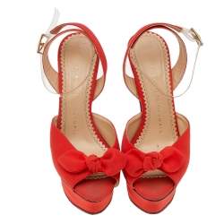 Pre Owned Charlotte Olympia Orange Satin Serena Bow Ankle Strap Platform Sandals Size 35