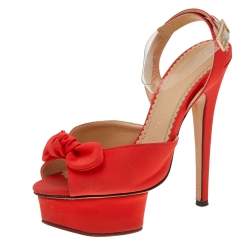 Pre Owned Charlotte Olympia Orange Satin Serena Bow Ankle Strap Platform Sandals Size 35