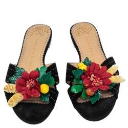 مملوكة مسبقًا Charlotte Olympia Black Suede Tropical Floral Embellished Flat Slides Size 38