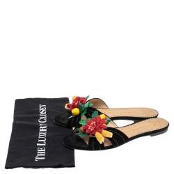 مملوكة مسبقًا Charlotte Olympia Black Suede Tropical Floral Embellished Flat Slides Size 38