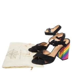 Charlotte Olympia Black Suede  Block Heel Ankle Strap Sandals Size 38.5