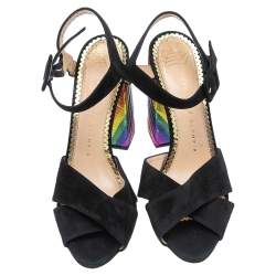 Charlotte Olympia Black Suede  Block Heel Ankle Strap Sandals Size 38.5