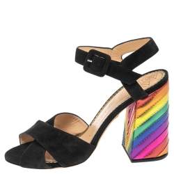 Charlotte Olympia Black Suede  Block Heel Ankle Strap Sandals Size 38.5
