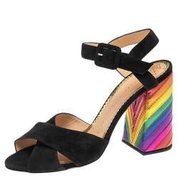 Charlotte Olympia Black Suede  Block Heel Ankle Strap Sandals Size 38.5
