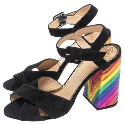 Charlotte Olympia Black Suede  Block Heel Ankle Strap Sandals Size 38.5