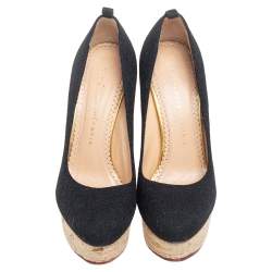 Charlotte Olympia Black Canvas Dolores Espadrille Platform Ankle-Strap Pumps Size 37