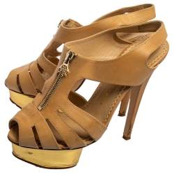 Charlotte Olympia Beige Leather Cut-Out Zipper Detail Platform Sandals Size 36.5