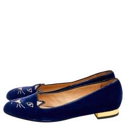 Pre Owned Charlotte Olympia Navy Blue Velvet Kitty Ballet Flats Size 40.5
