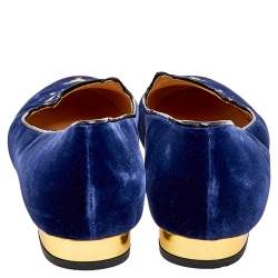 Pre Owned Charlotte Olympia Navy Blue Velvet Kitty Ballet Flats Size 40.5