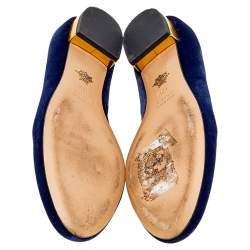 Pre Owned Charlotte Olympia Navy Blue Velvet Kitty Ballet Flats Size 40.5