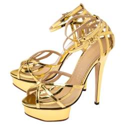 Pre Owned Charlotte Olympia Metallic Gold Leather Octavia Platform Sandals Size 37