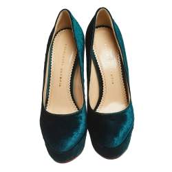 Charlotte Olympia Green Textured Velvet Dolly Platform Pumps Size 39