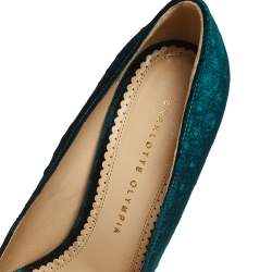 Charlotte Olympia Green Textured Velvet Dolly Platform Pumps Size 39