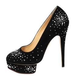 Charlotte Olympia Black Crystal Embellished Suede Dolly Platform Pumps Size 40.5