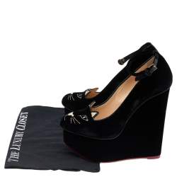 Charlotte Olympia Black Velvet and  Leather Trim Cat Embroidered Ankle Strap Sandals Size 36
