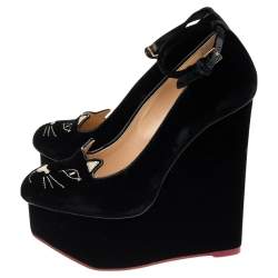 Charlotte Olympia Black Velvet and  Leather Trim Cat Embroidered Ankle Strap Sandals Size 36